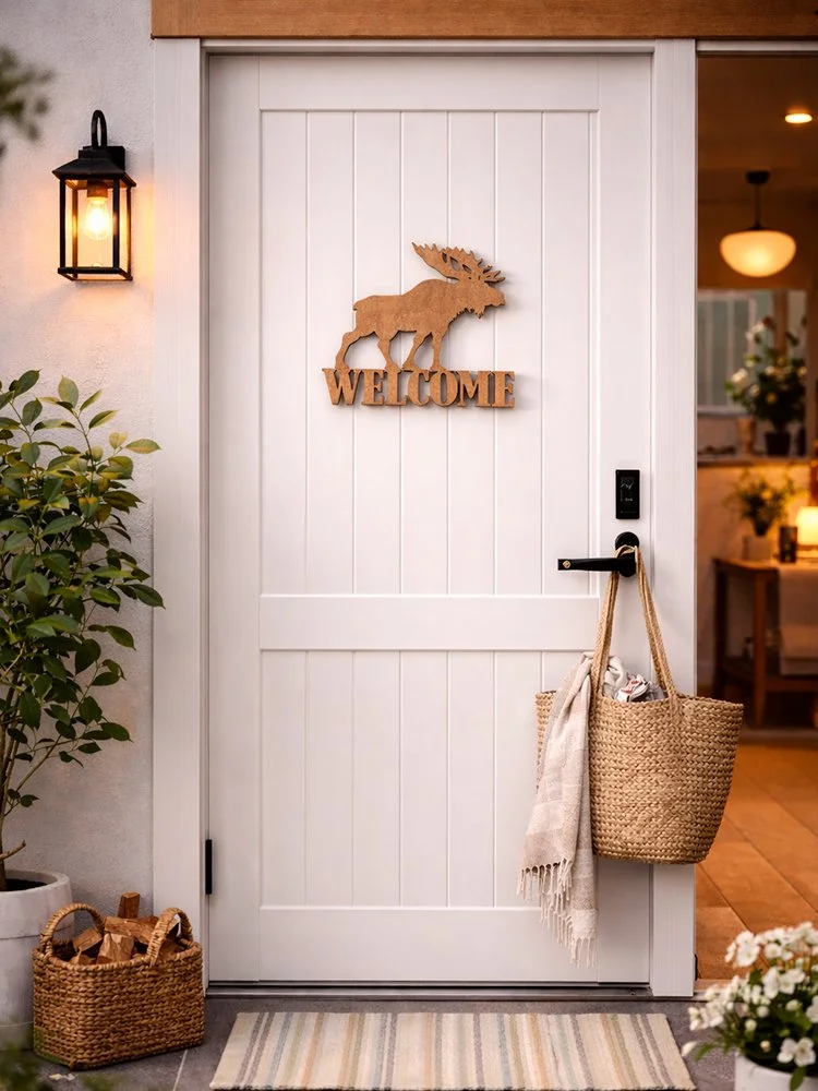 WOODSY – ”WELCOME” Älg Skylt i svenskt björkträ (Svenskt hantverk)