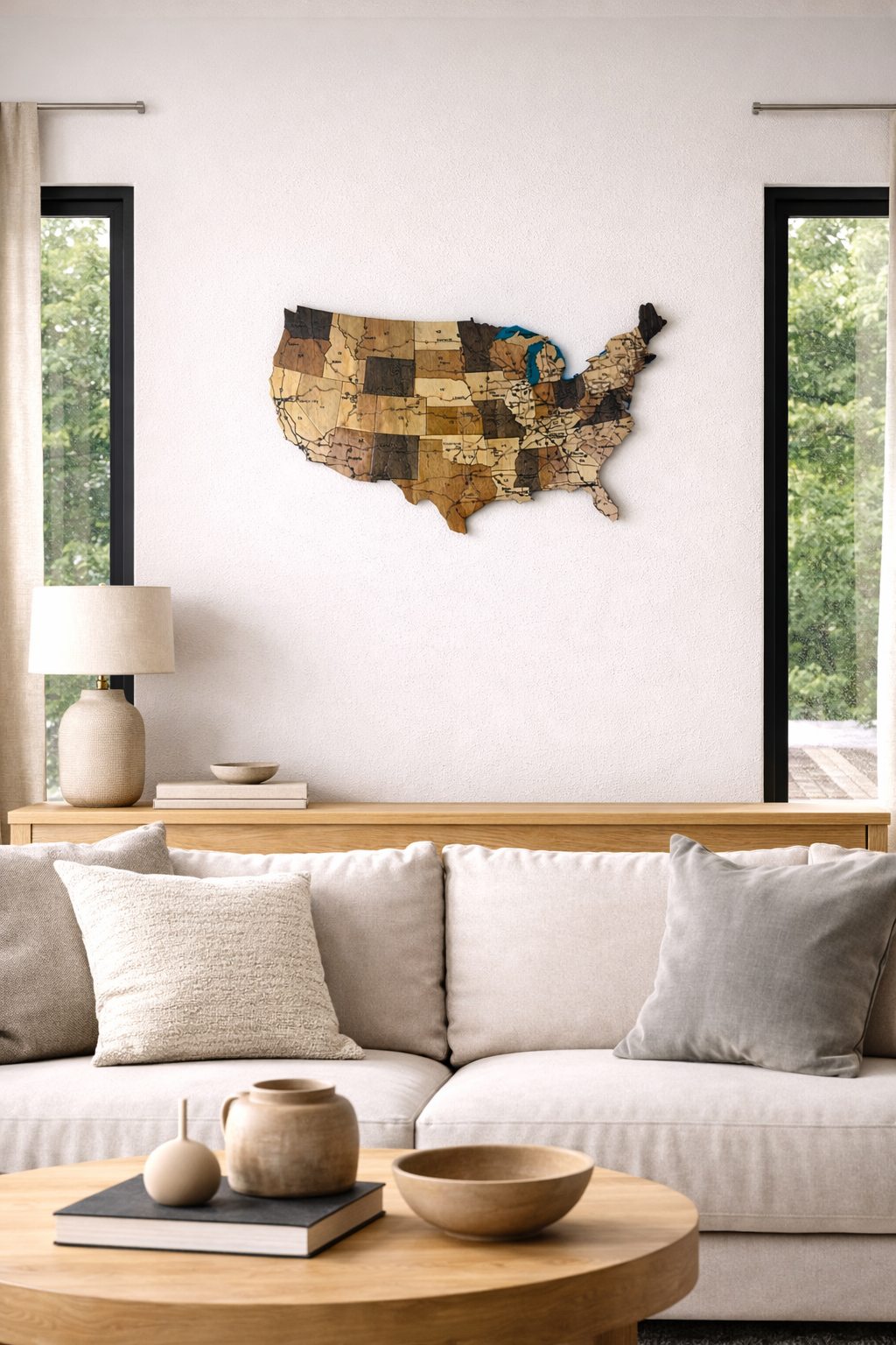 WOODSY – Laserskuren USA-karta i trä (Svenskt hantverk)