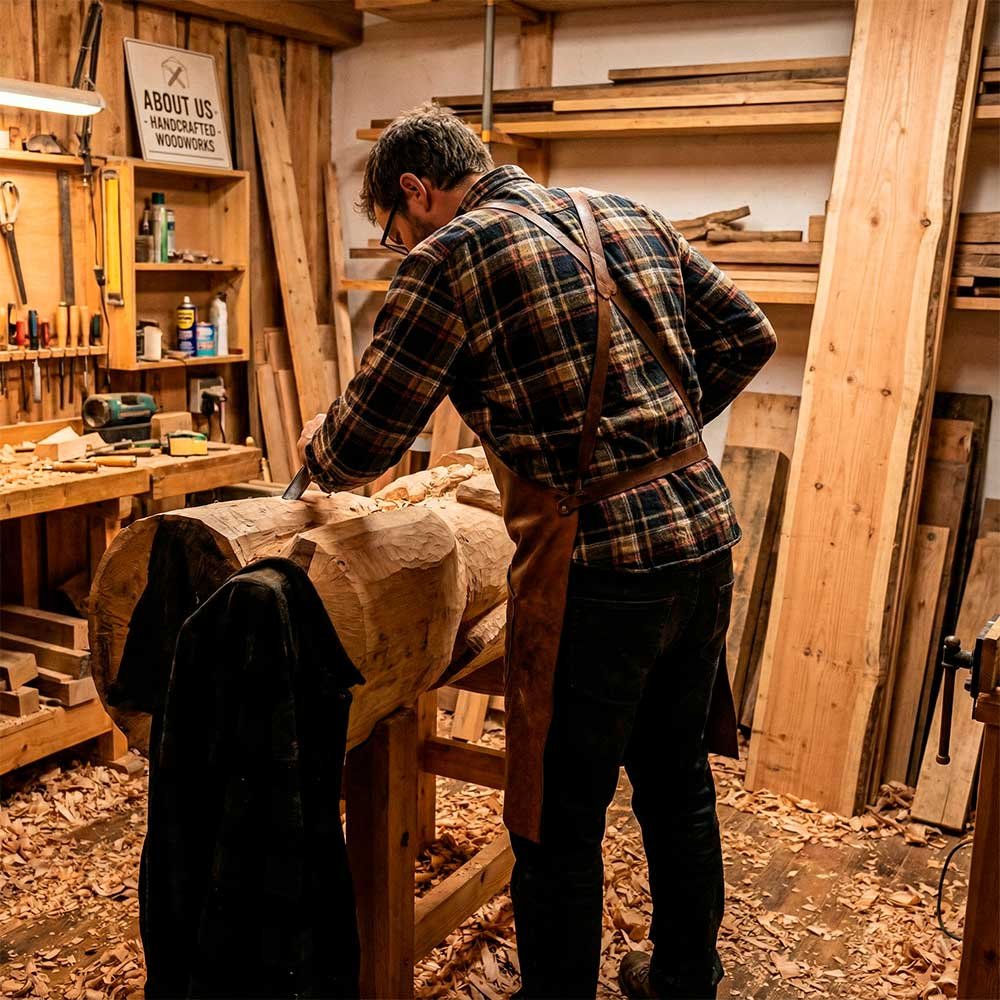 En man som arbetar med trä i en snickarverkstad, han använder ett skruvmejsel eller liknande redskap på ett trästycke. Verktyg och träbitar syns på bänken och väggarna.