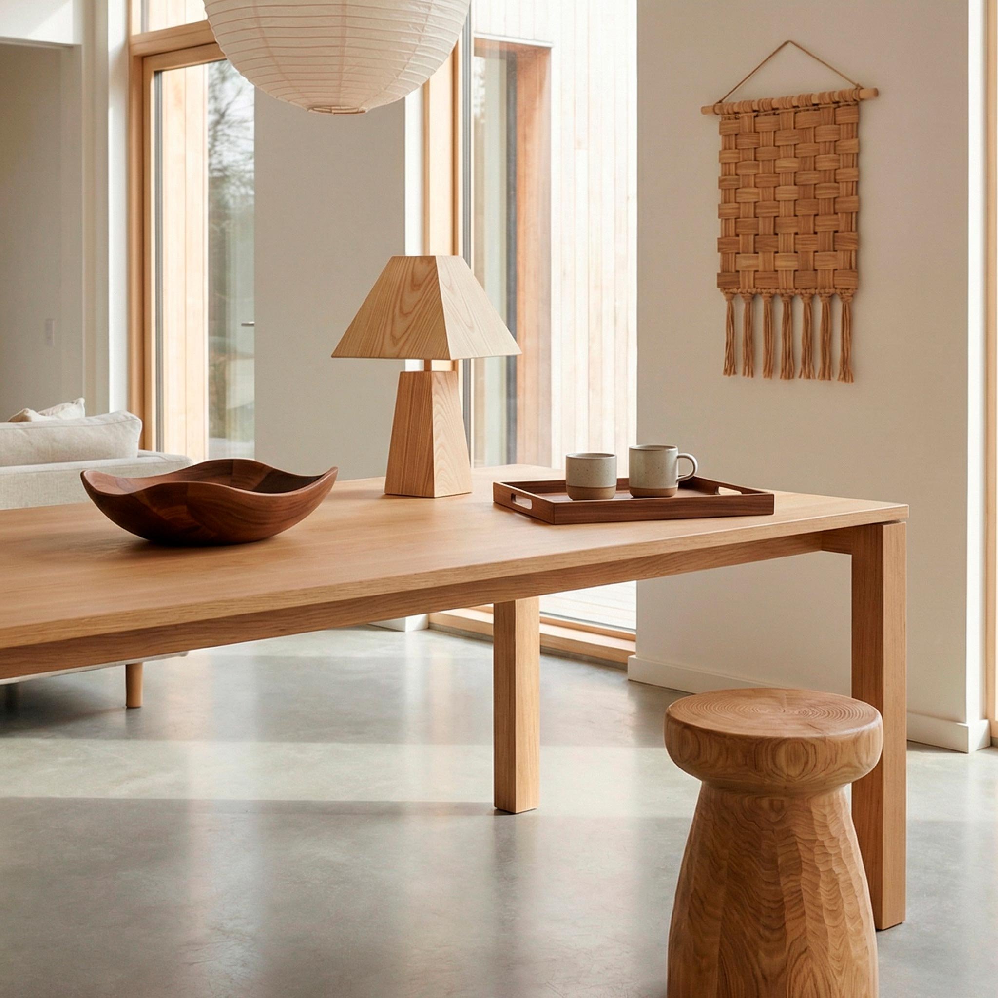 Inomhusbild av ett modernt kök eller matplats med ett stort träbord, en trästol, en bordslampa, tre keramiska muggar på ett träfat, ett artikeltyglat väggband och fönster som släpper in ljus.