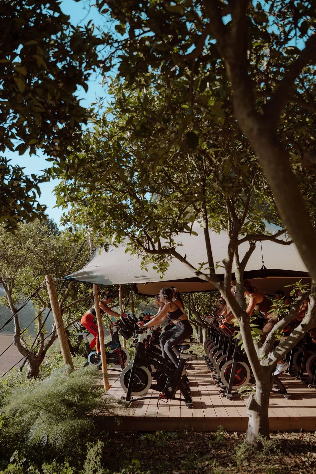 People participating in an outdoor group exercise class on stationary bikes, under a canopy, surrounded by trees and greenery.