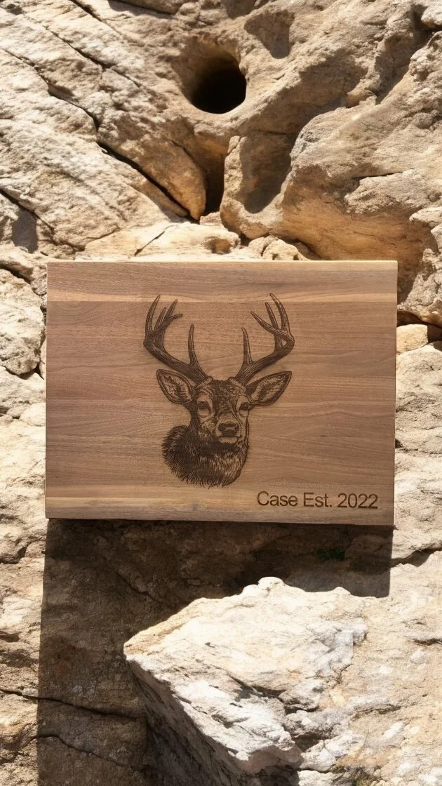 A wooden plaque with an engraved image of a deer head with antlers. The plaque is mounted on a stone wall and has the text "Case Est. 2022" on it.