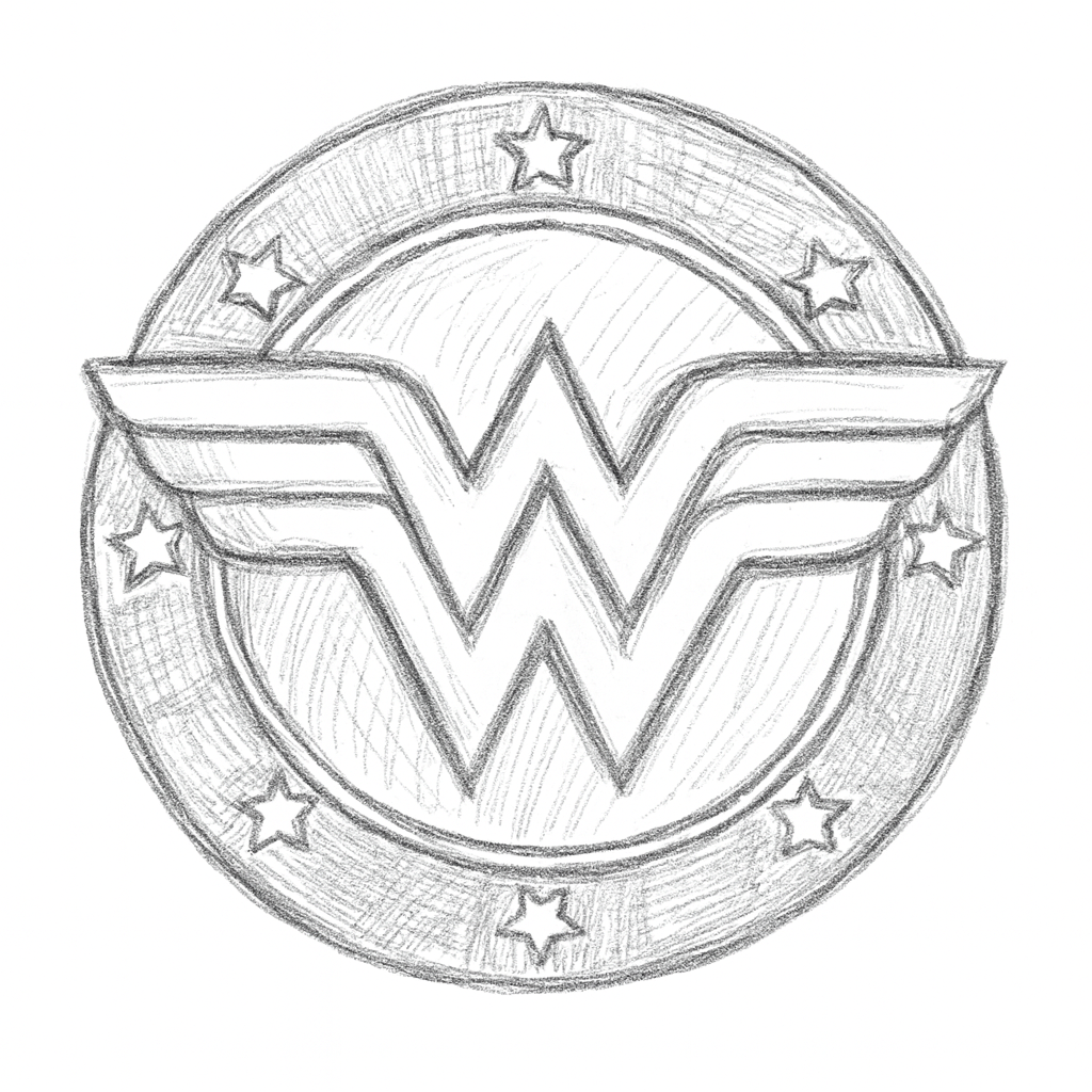 A sketch of a coin featuring the Wonder Woman logo in the center, surrounded by five stars.