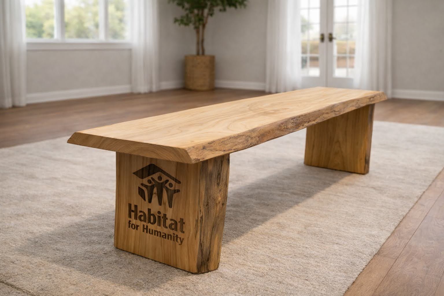A wooden bench with HABITAT for Humanity logo in a bright living room with large windows, curtains, hardwood floor, and potted plant in the background.