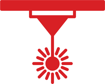 Icon of a laser beam targeting and hitting a molecule or atom, symbolizing laser cutting or precision laser application.