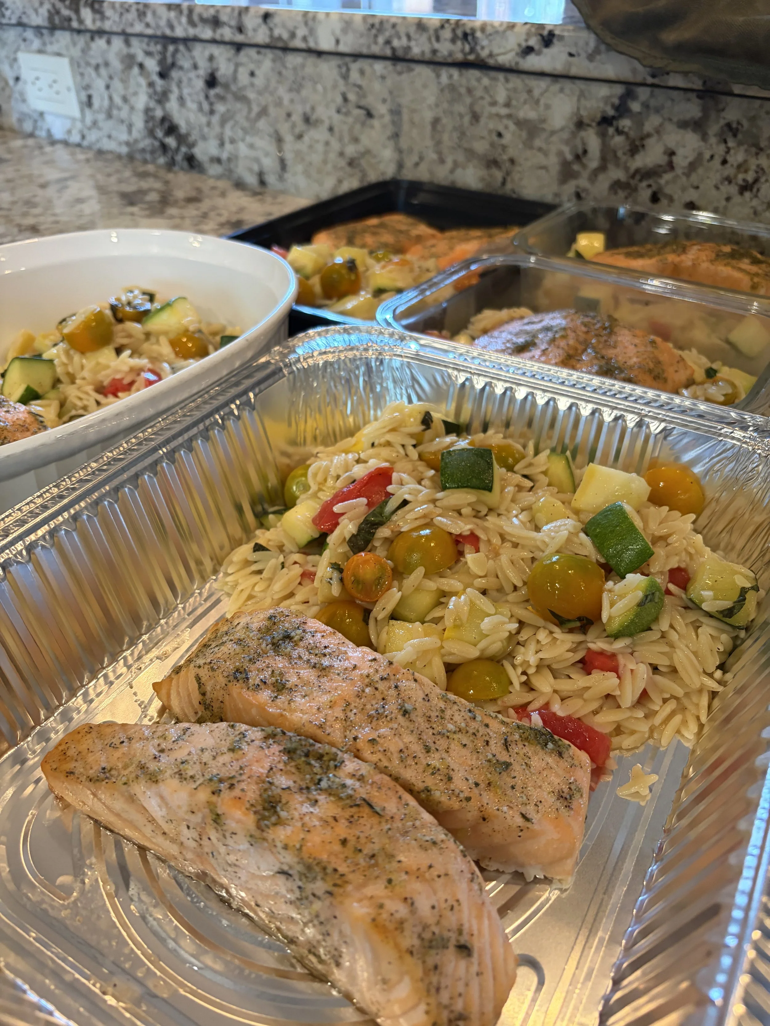 Lemon Basil Salmon with tomato/summer squash orzo