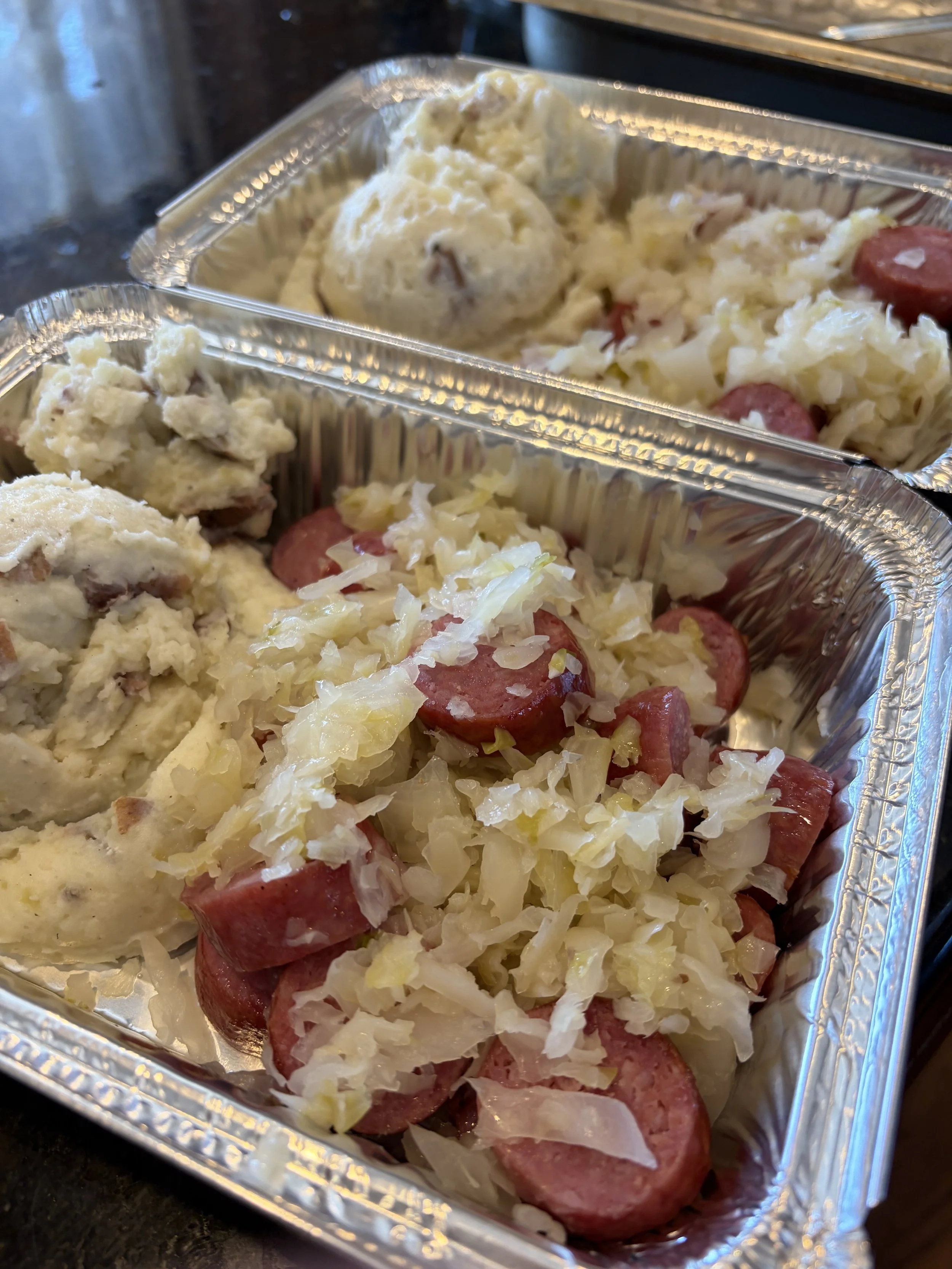 Kielbasa, Local Sauerkraut, and Mashed Potatoes