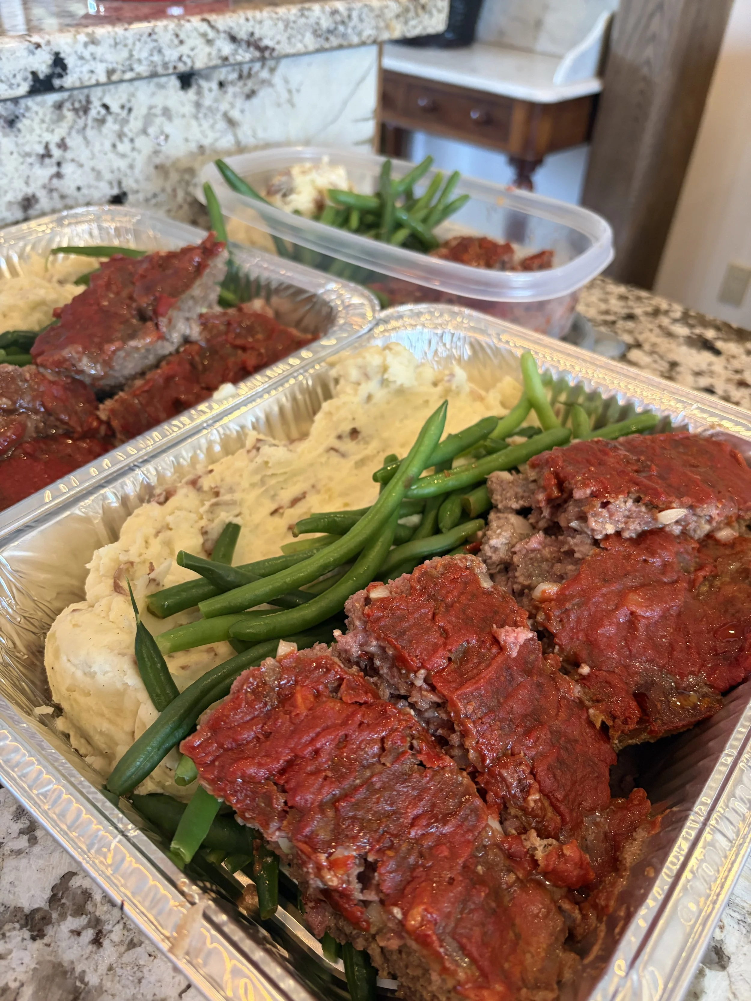 Meatloaf, Green Beans and Mashed Potatoes