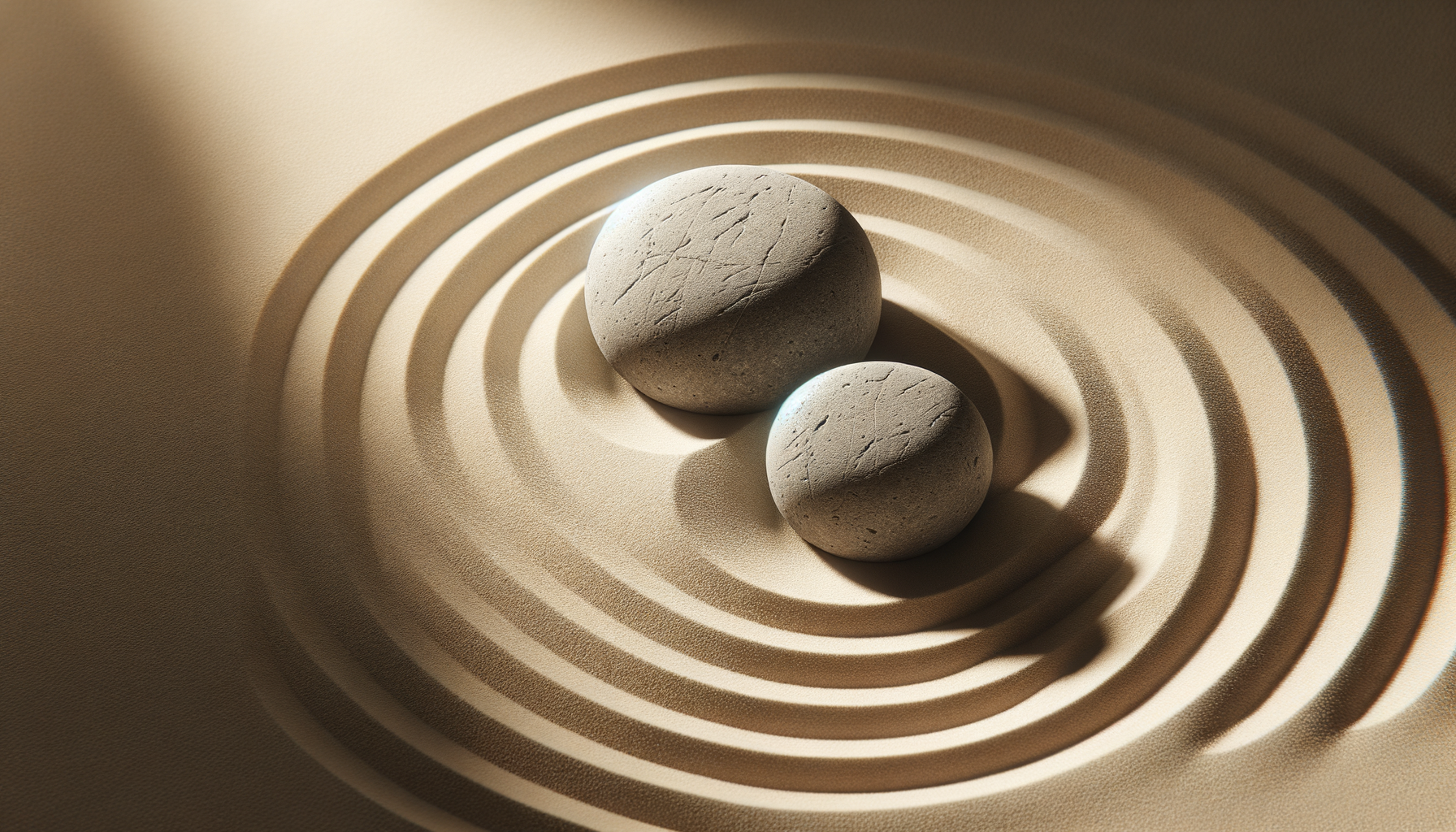 Two smooth, round stones on a textured surface with concentric circular patterns, casting shadows in warm lighting.