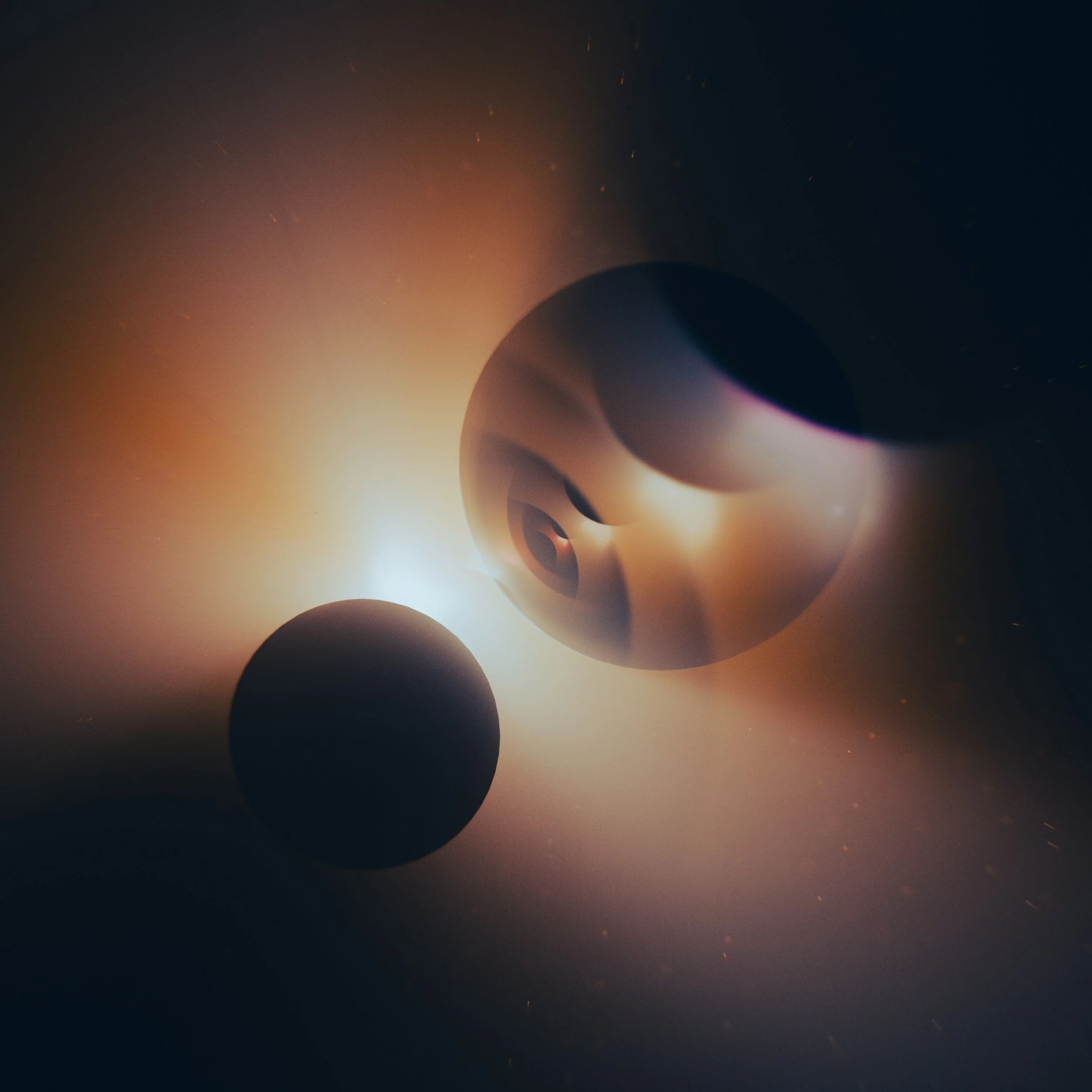 Two spherical objects in space with a bright light source illuminating them, creating a glow and shadows.