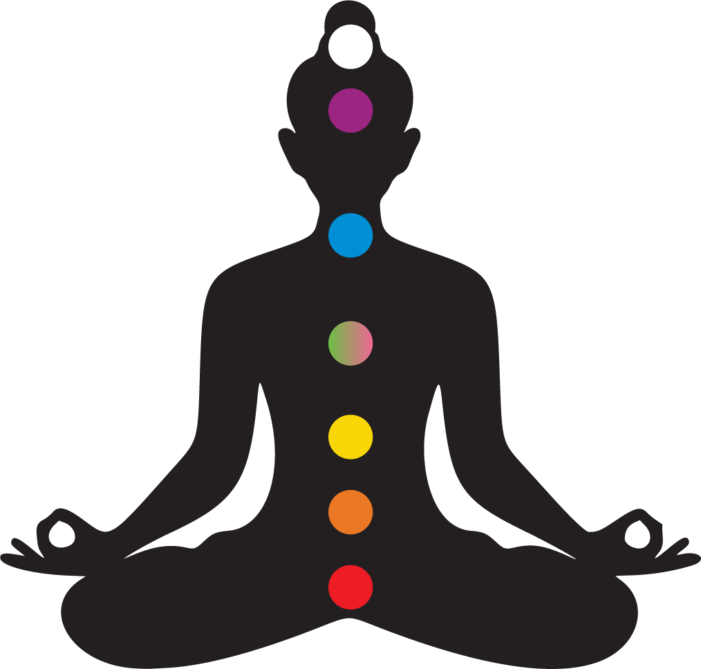 Silhouette of a person practicing yoga in a meditative pose with colored circles on the body representing chakras.