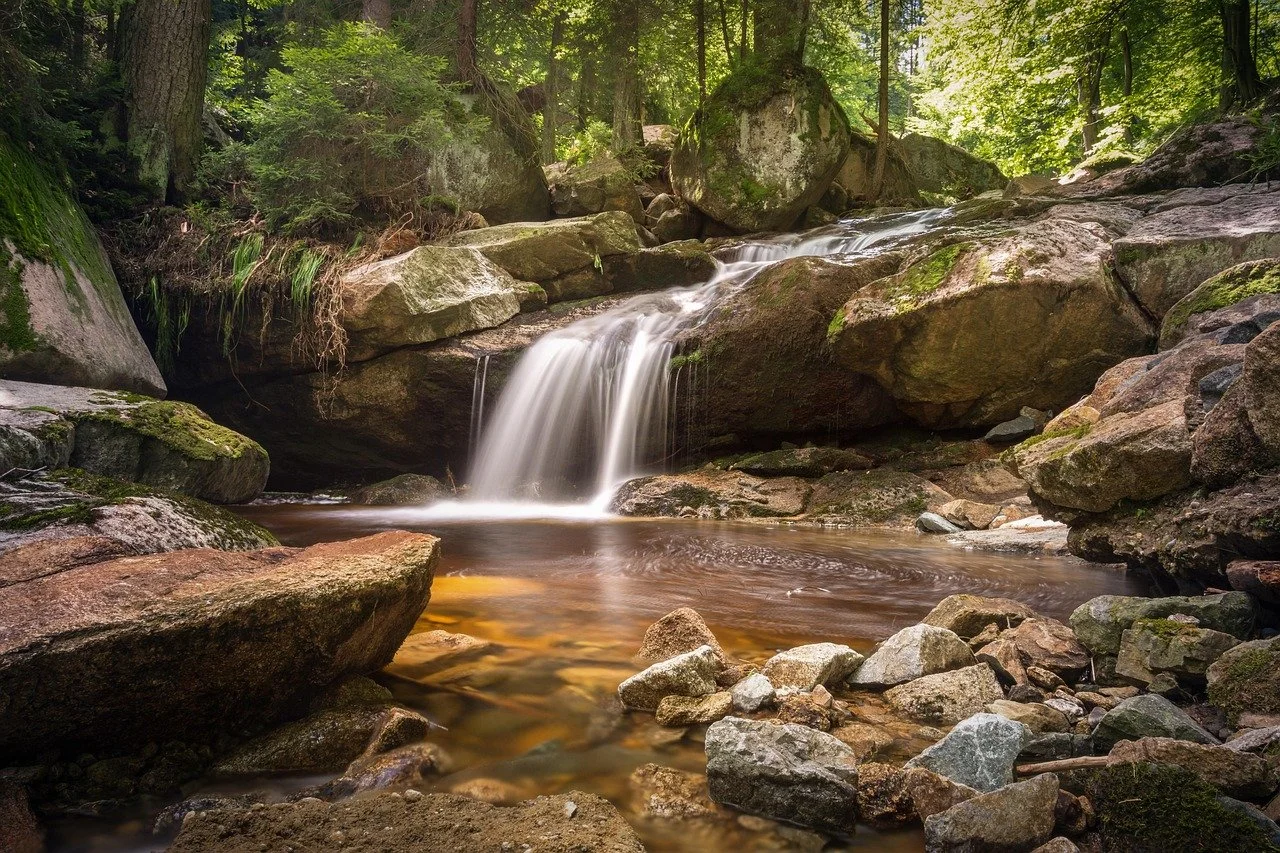 A peaceful and calm image of a small waterfall flowing over rocks in a forest with green trees and moss.