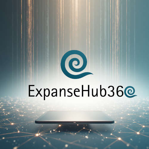 A digital graphic featuring the ExpandseHub36 logo with a stylized blue spiral above the text, set against a futuristic background of vertical light streaks and a glowing grid pattern on the ground.