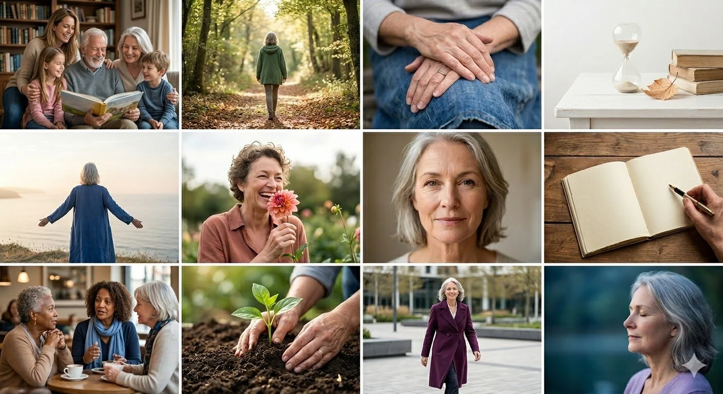 A collage of images featuring mature women in various settings: a woman walking in a forest, women gardening and planting, moments of relaxation and reflection, social interactions, and outdoor activities.