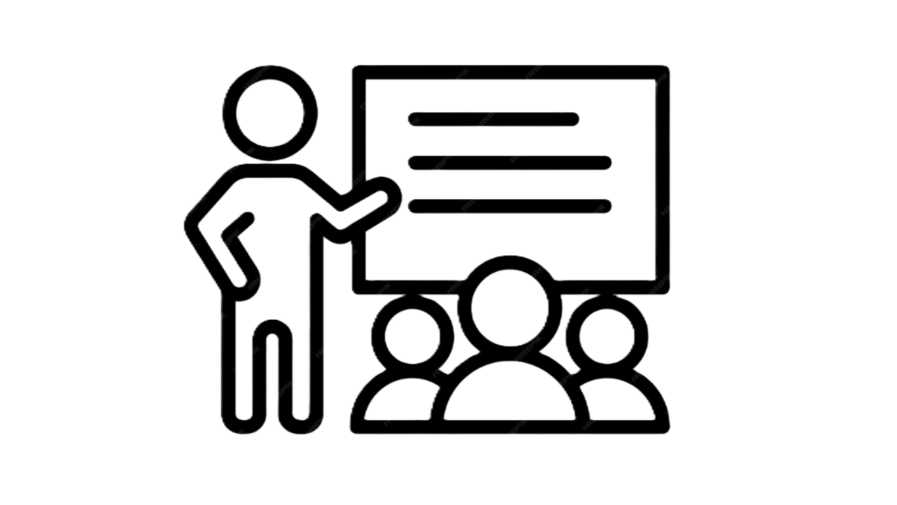 Ilustración de una persona señalando una pizarra con tres figuras humanas observando, simbolizando una reunión o presentación.