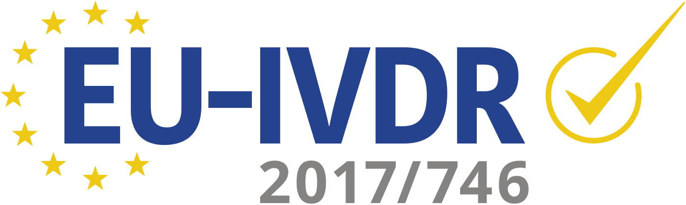 Logotipo con letras grandes y un círculo con estrellas amarillas y una marca de verificación, que dice 'EU-VDR 2017/746'.