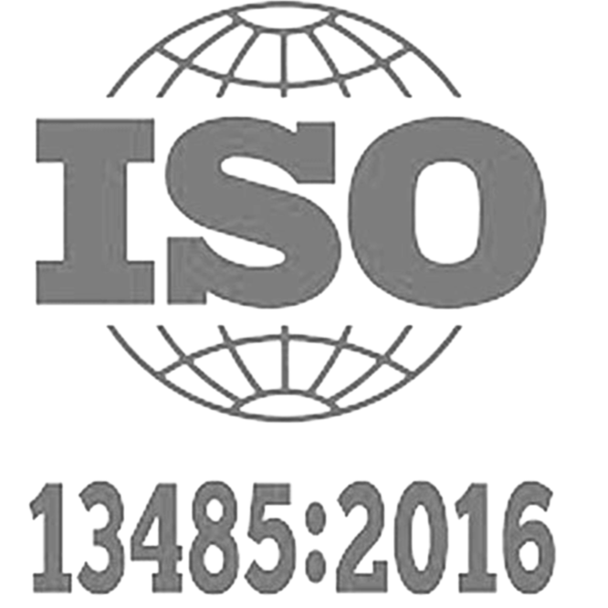 Logotipo de la Organización Internacional de Normalización (ISO) con un globo terráqueo en el fondo y el texto 'ISO' en letras grandes, junto a la fecha 13485:2016.