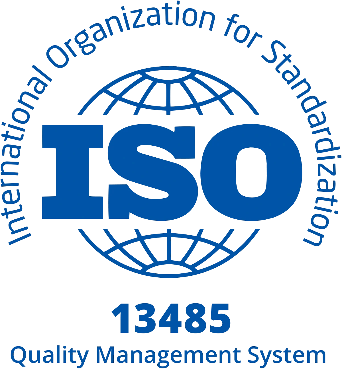Logotipo de la Organización Internacional de Normalización (ISO) con un globo terráqueo y el texto 'ISO' en letras grandes, y las palabras 'International Organization for Standardization' y 'Quality Management System' en inglés alrededor.