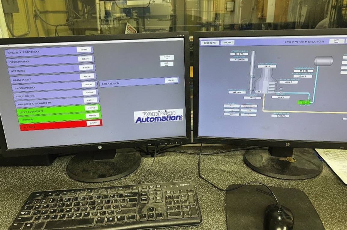 Two computer monitors displaying industrial automation control panels with process diagrams and status indicators in a control room.