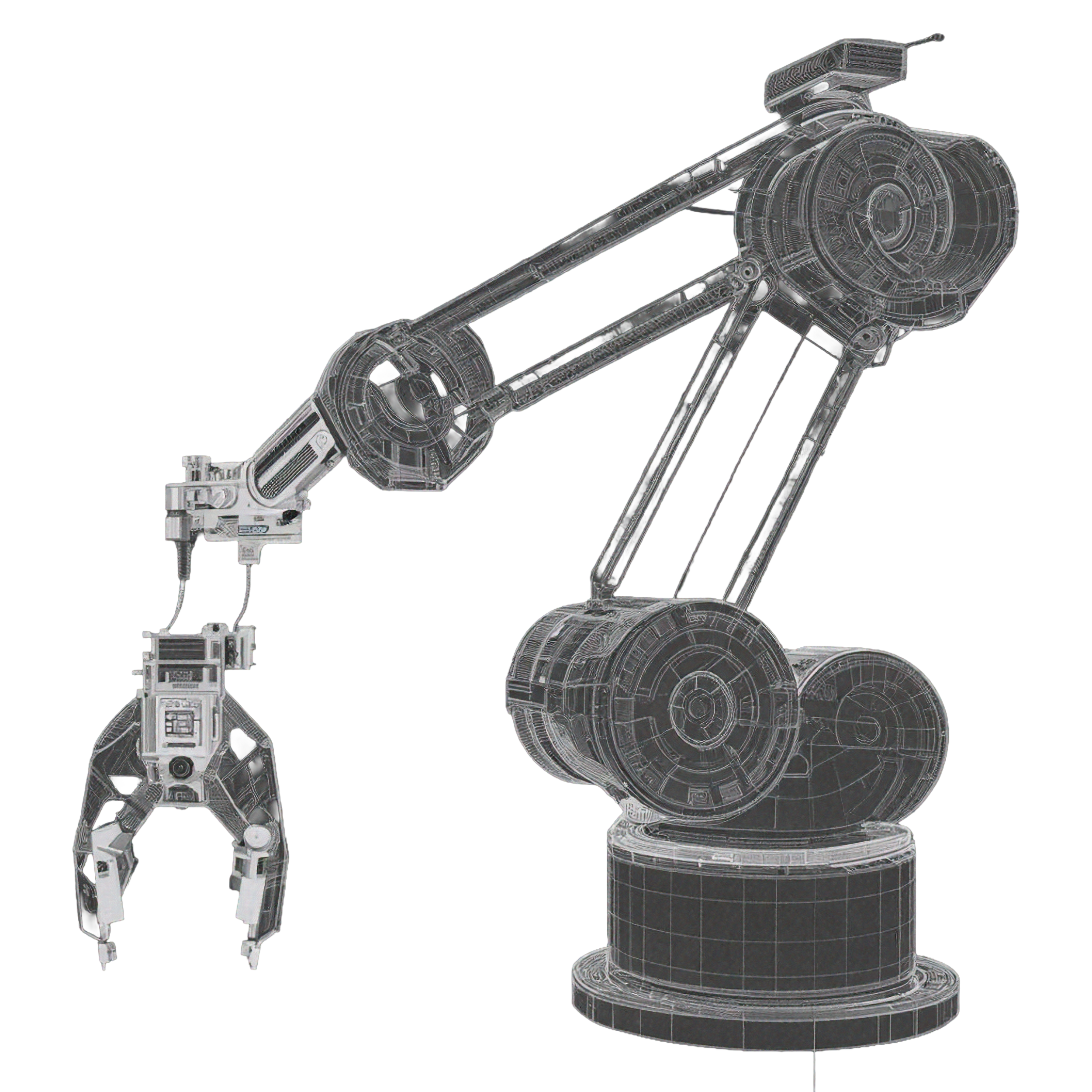 A transparent wireframe rendering of an industrial robotic arm on a black background.