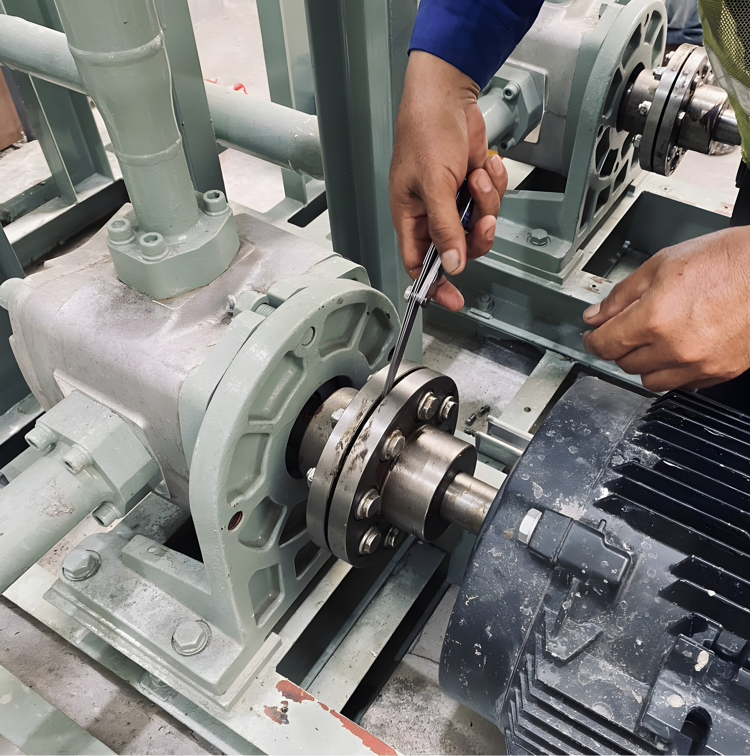 Close-up of a person's hands using a wrench on a metal shaft inside an industrial machine.