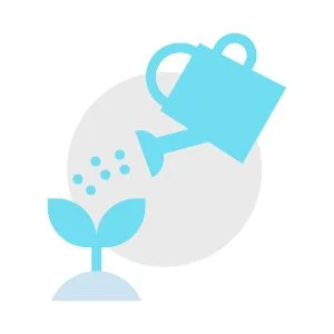 A watering can pouring water on a small plant with two leaves.