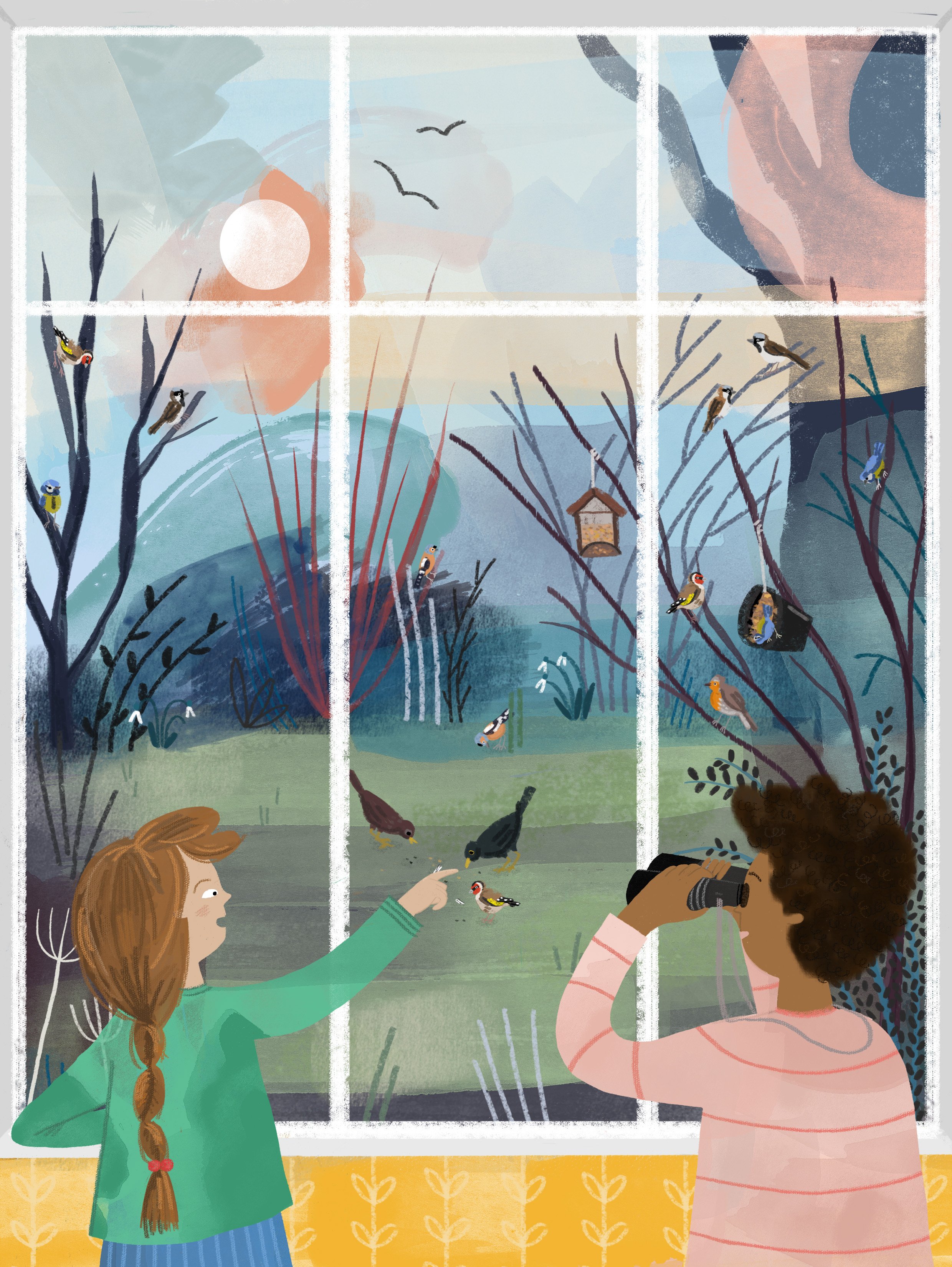 Vibrant, colourful and playful digital children's non fiction illustration of children looking out a window at a garden nature scene in winter featuring plants and wild birds