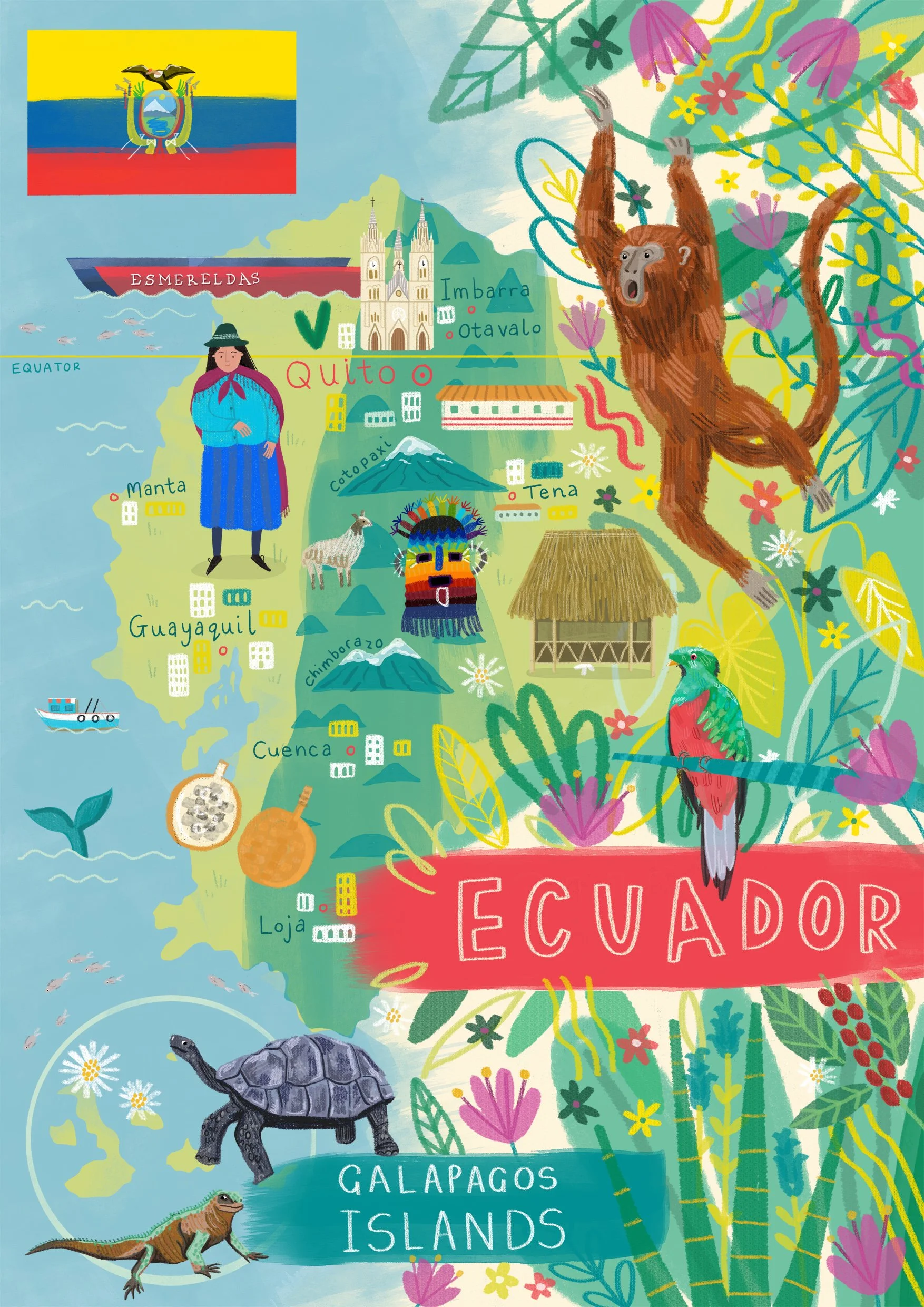 Vibrant, colourful and playful digital children's non fiction illustrated map of Ecuador, South America featuring key locations, cultural highlights and wildlife