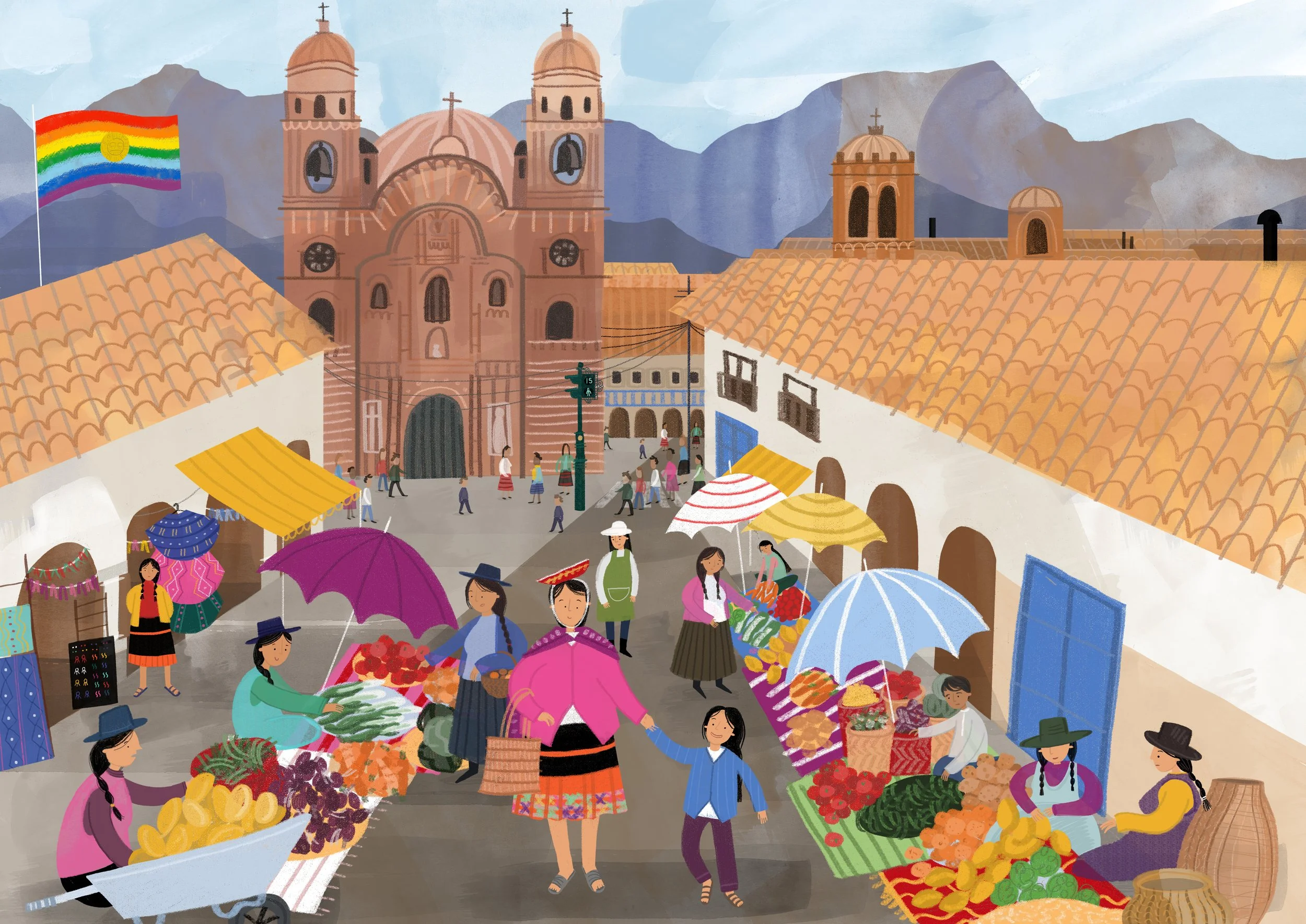 Vibrant illustrated scene of Cusco, Peru illustrated by Steph Marshall