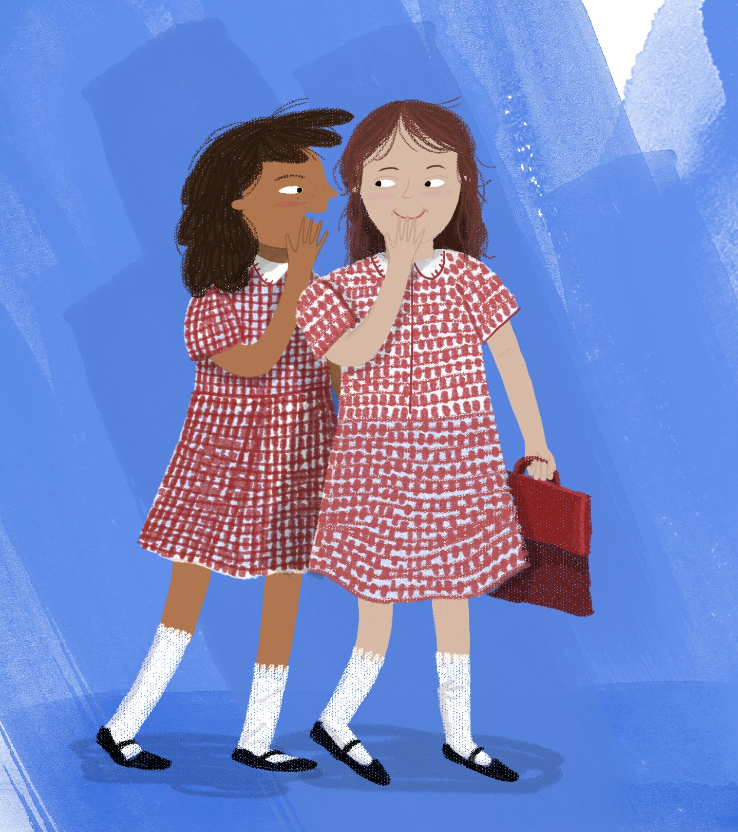 Two school children whispering 