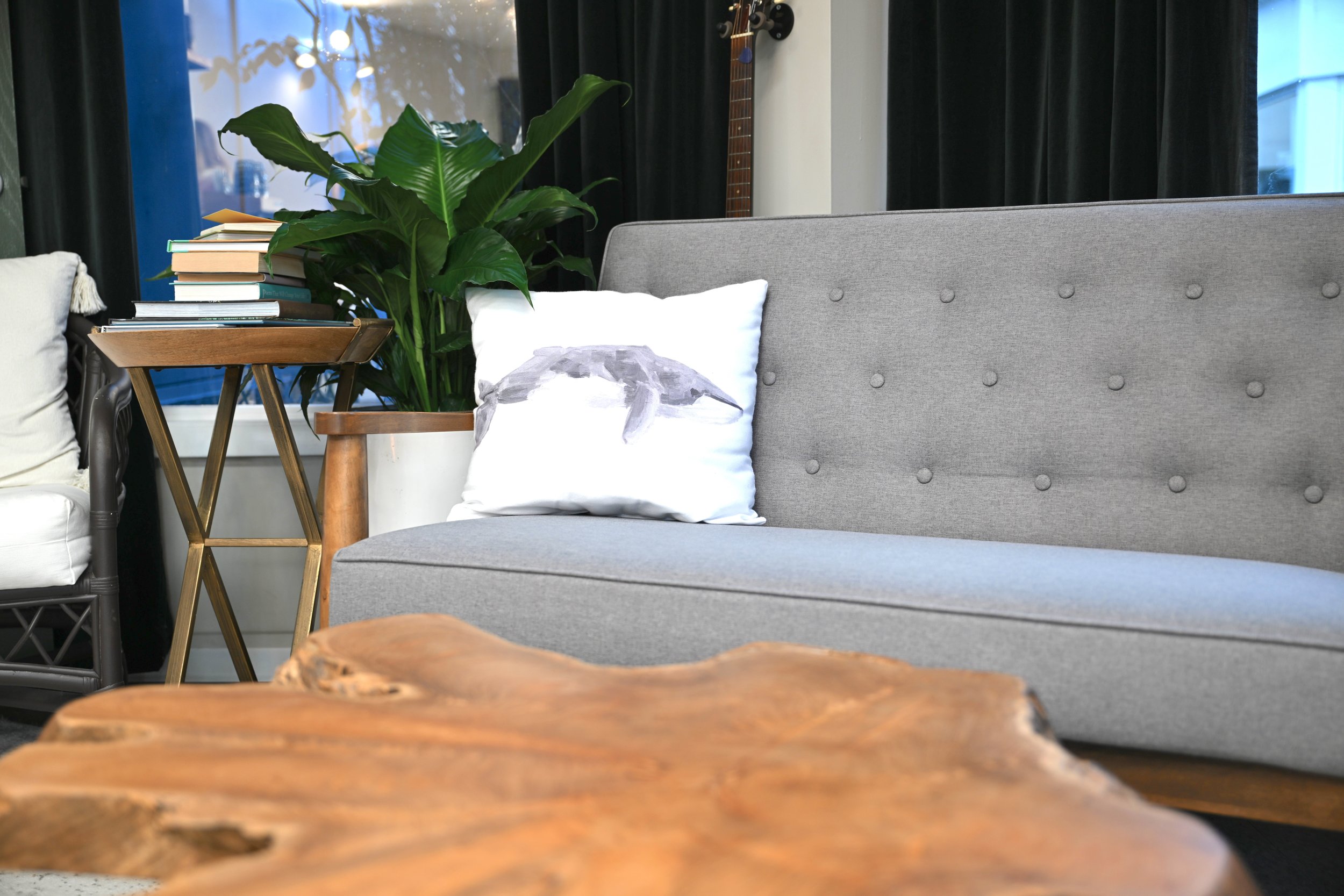 A waiting area corner with a gray upholstered sofa, a white pillow with a horse head watercolor print, a large green leafy plant, a wooden side table with books, a guitar hanging on the wall, black curtains, and sheer curtains with a view outside.