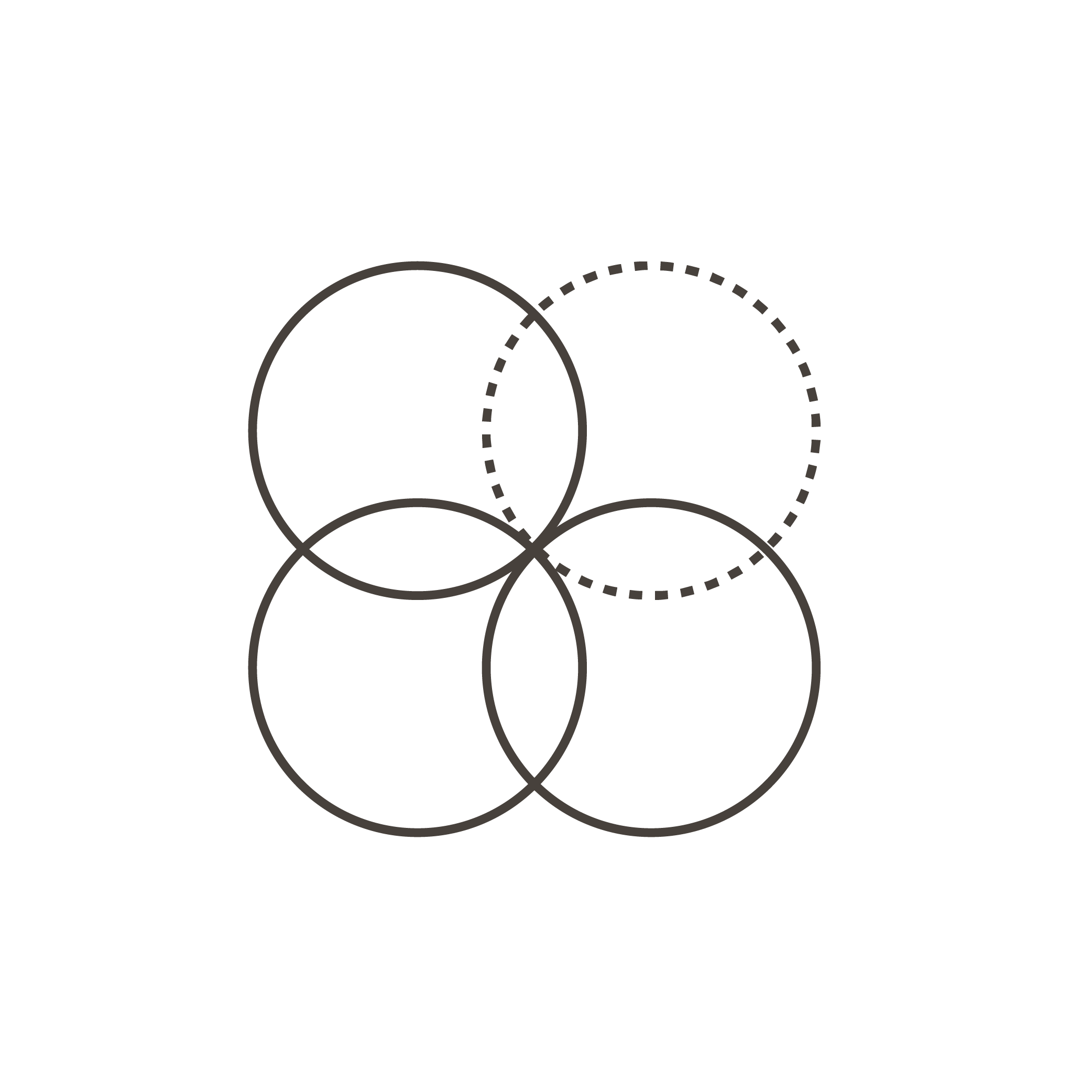 Black background with five overlapping circles outlined in gray, forming a Venn diagram, with one circle having a dashed outline.