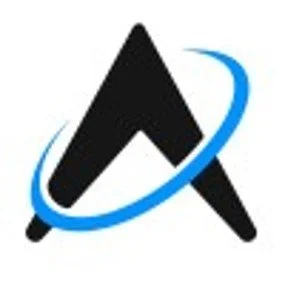 A black stylized letter A with a blue swoosh circling around it.