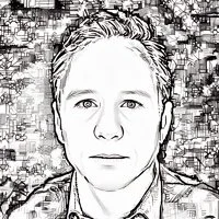 Black-and-white sketch of a person with short hair, looking directly at the camera.