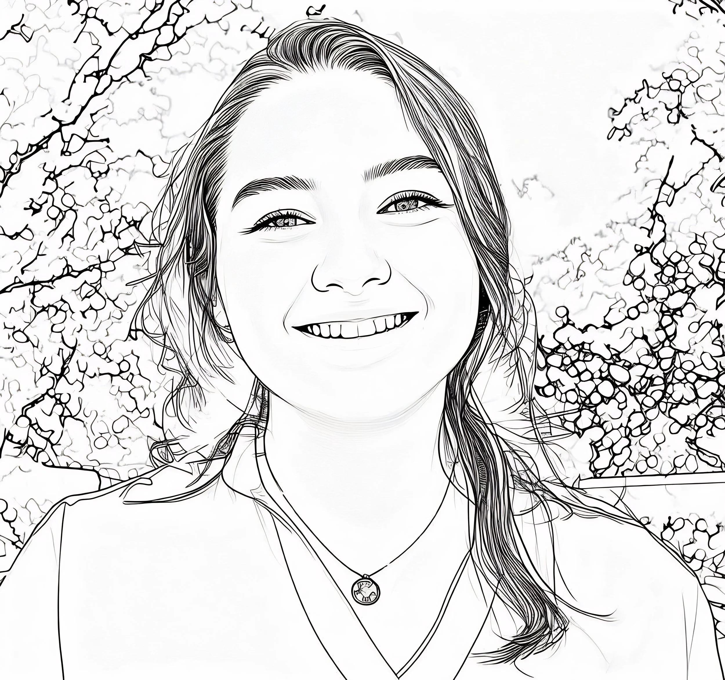 Line drawing of a smiling young woman with shoulder-length hair, wearing a necklace against a background of trees.