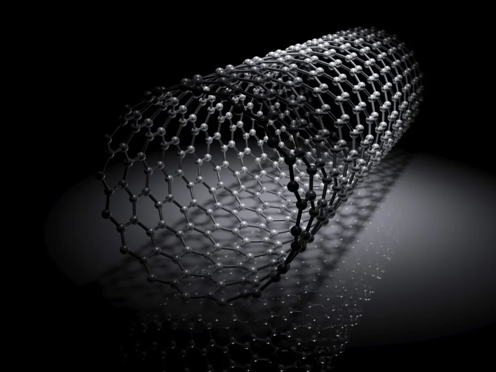 A 3D rendering of a carbon nanotube structure with a dark background and reflection on a surface.