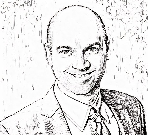 Line drawing of a man with a smile, wearing a suit and tie, with a short hairstyle and a background with vertical lines.