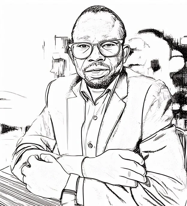 Sketch-style illustration of a man wearing glasses and a suit, sitting with arms crossed at a desk in an office setting.