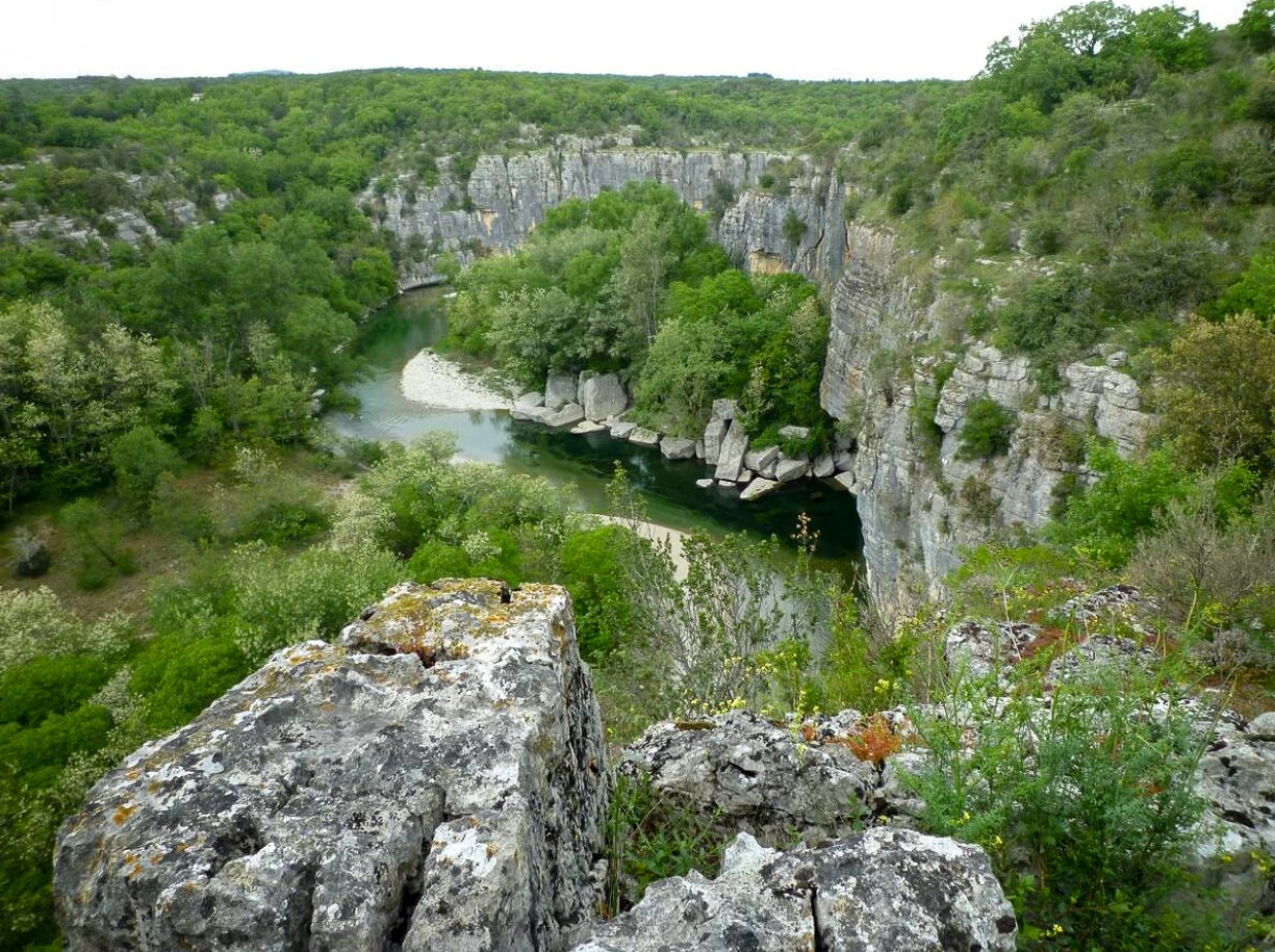 Vue d'ensemble d'une gorge avec une rivière serpentant entre des falaises rocheuses, Belvedère du gîte le PanoramiK, plage de la Jarjatte, Ruoms, Ardèche.