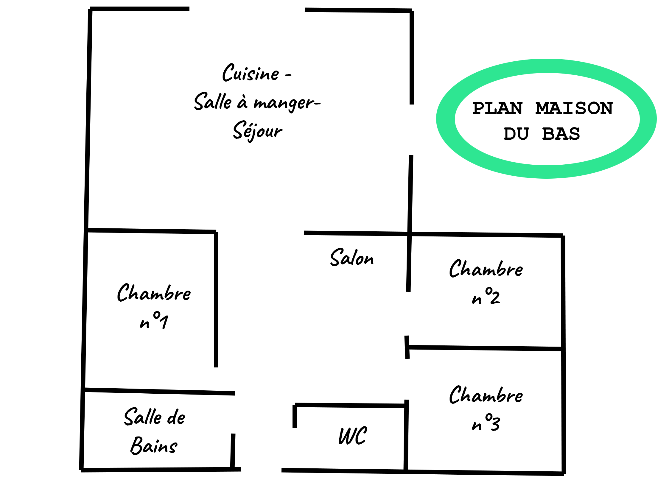 Plan de la maison du bas avec un salon, une cuisine, une salle à manger, trois chambres, une salle de bain et un WC.