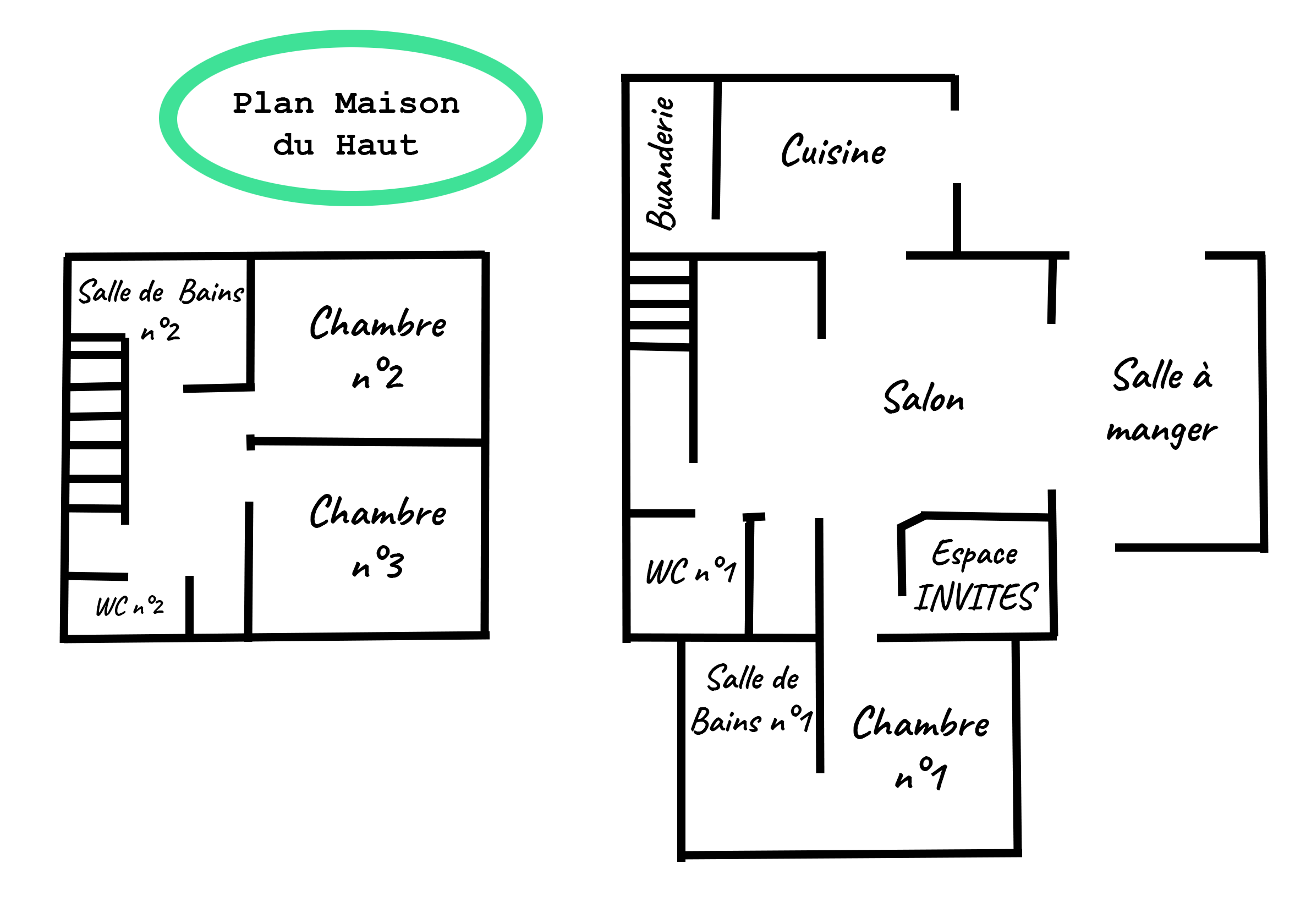 Plan de la maison avec différentes pièces comme la cuisine, salon, chambres, salles de bain, et toilettes, ainsi que l'espace invité.