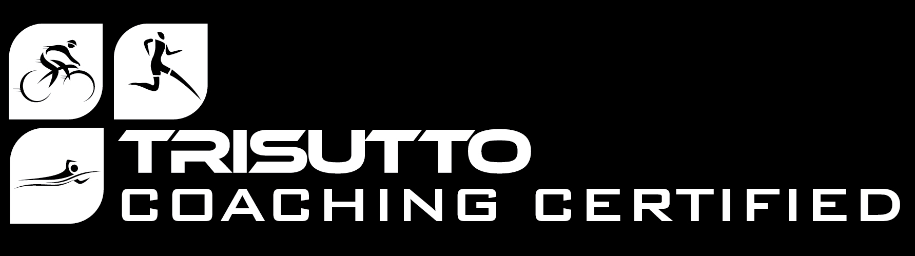 Logo for Trisutto Coaching Certified, with icons of a cyclist, a runner, and a swimmer.
