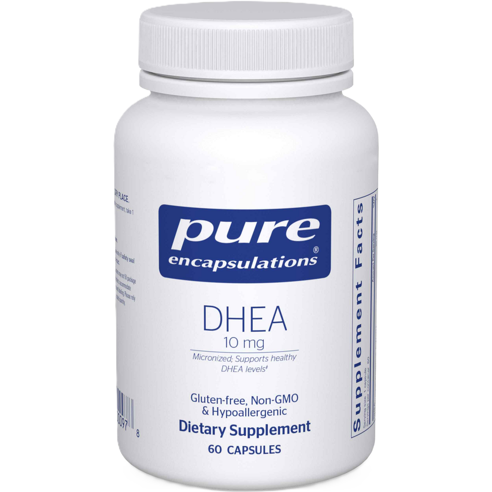 A white bottle of dietary supplements labeled 'Pure Encapsulations DHEA 10 mg, gluten-free, non-GMO, hypoallergenic, 60 capsules'.