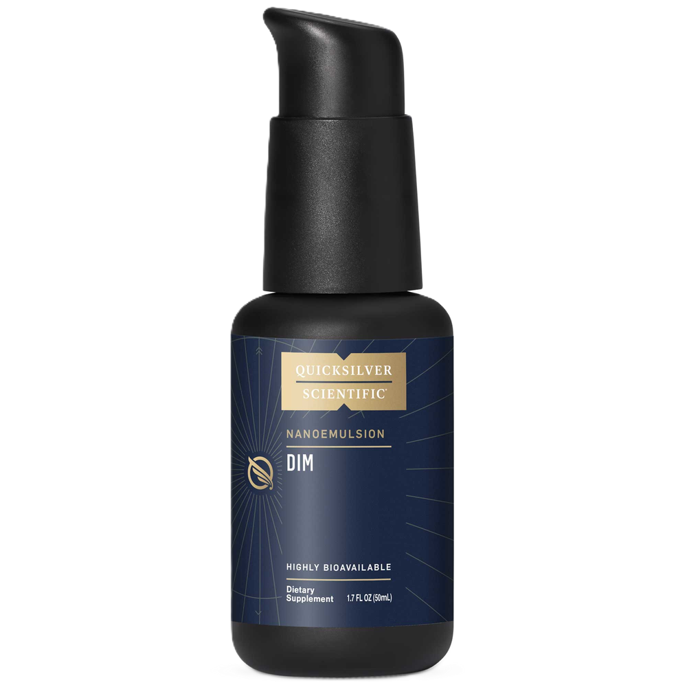 A black bottle with a pump top containing Quicksilver Scientific Nanoemulsion DIM dietary supplement labeled as highly bioavailable.
