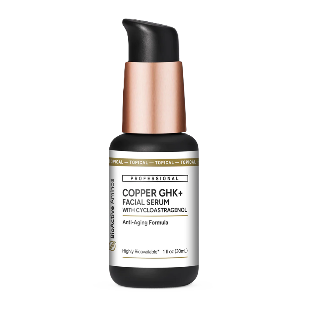Bottle of Copper GHK+ facial serum with cycloastragenol, labeled as anti-aging formula.