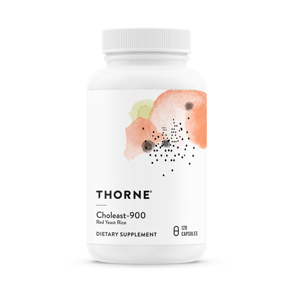 A white bottle of Thorne Cholest-900 dietary supplement capsules with a label featuring watercolored fruit illustrations and black text.