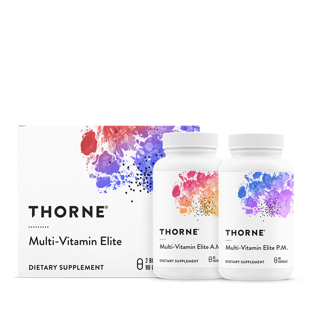Box and bottles of Thorne Multi-Vitamin Elite dietary supplements, with colorful abstract splash designs on them.