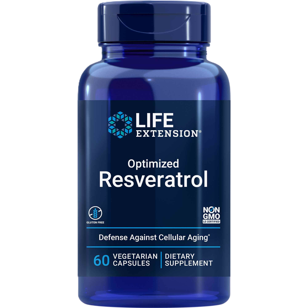 Blue bottle labeled Life Extension Optimized Resveratrol dietary supplement with 60 vegetarian capsules.