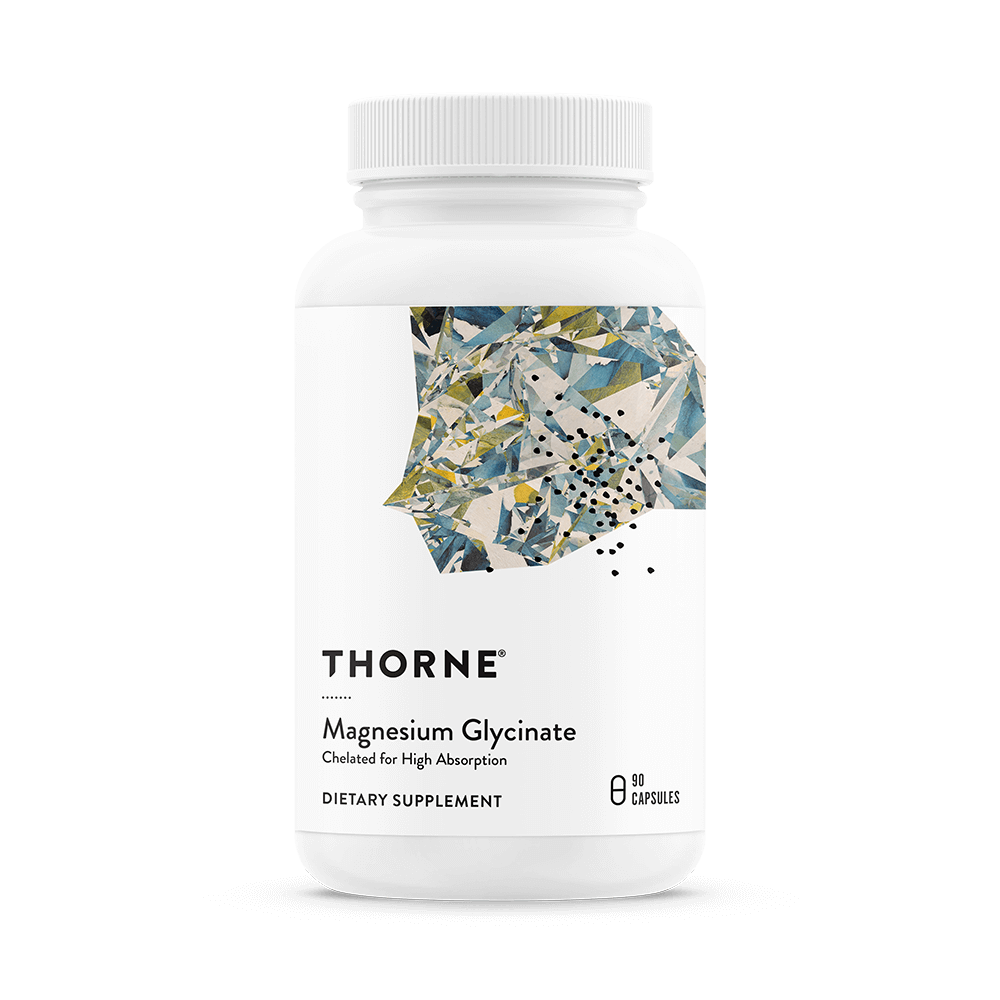 A white bottle of Thorne Magnesium Glycinate dietary supplement with a colorful abstract label design and white screw cap.