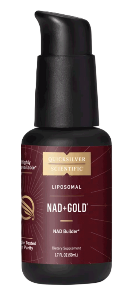 A bottle of Quicksilver Scientific NAD+ Gold liposomal dietary supplement with a black pump cap